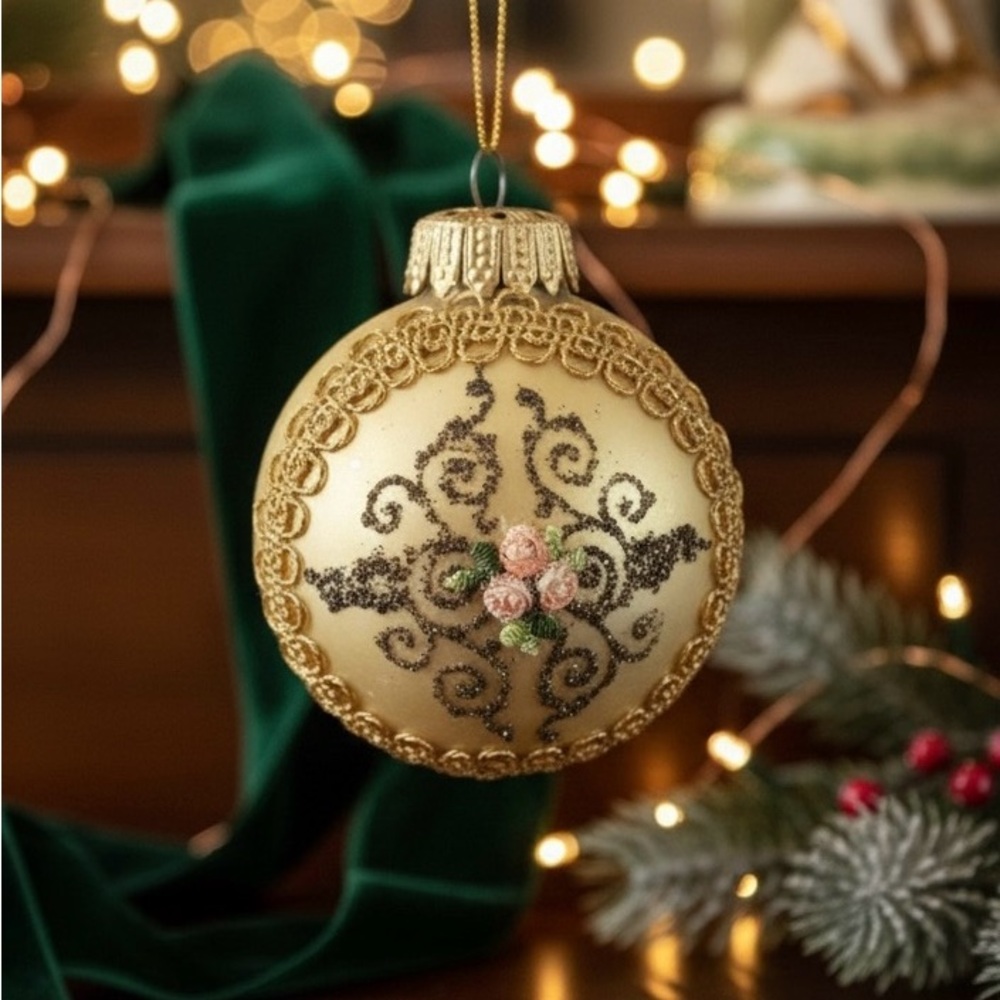 Vintage Hand Embroidered Floral Glass Ornament Gold Glitter Swirls Shabby Chic